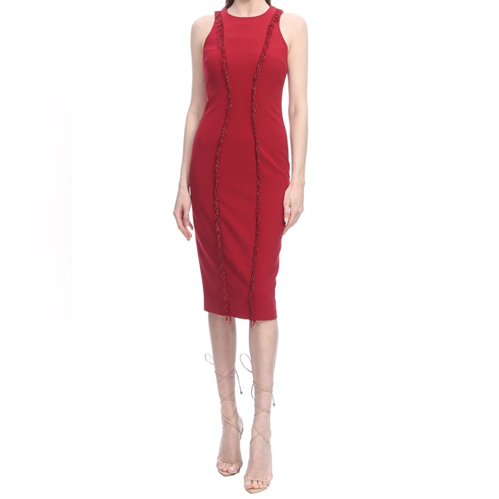 Cushnie Et Ochs Bliss Stretch Beaded Pencil Midi Dress Red NWT Size 2